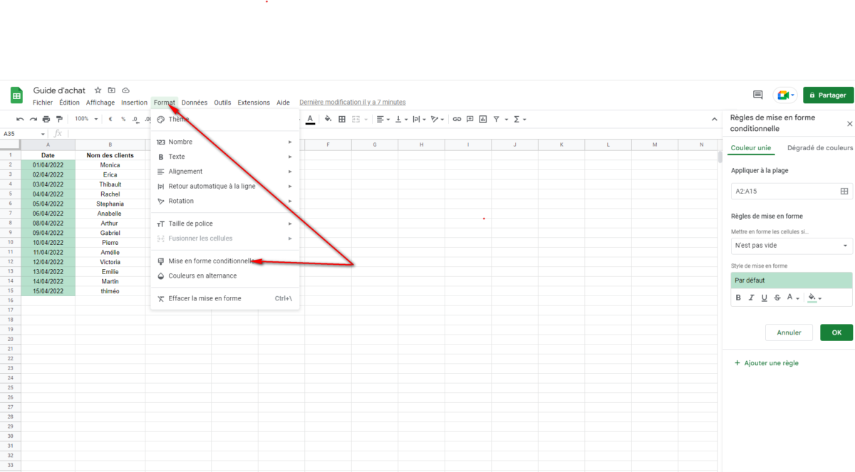 Les règles de mise en forme conditionnelle sur Google Sheets
