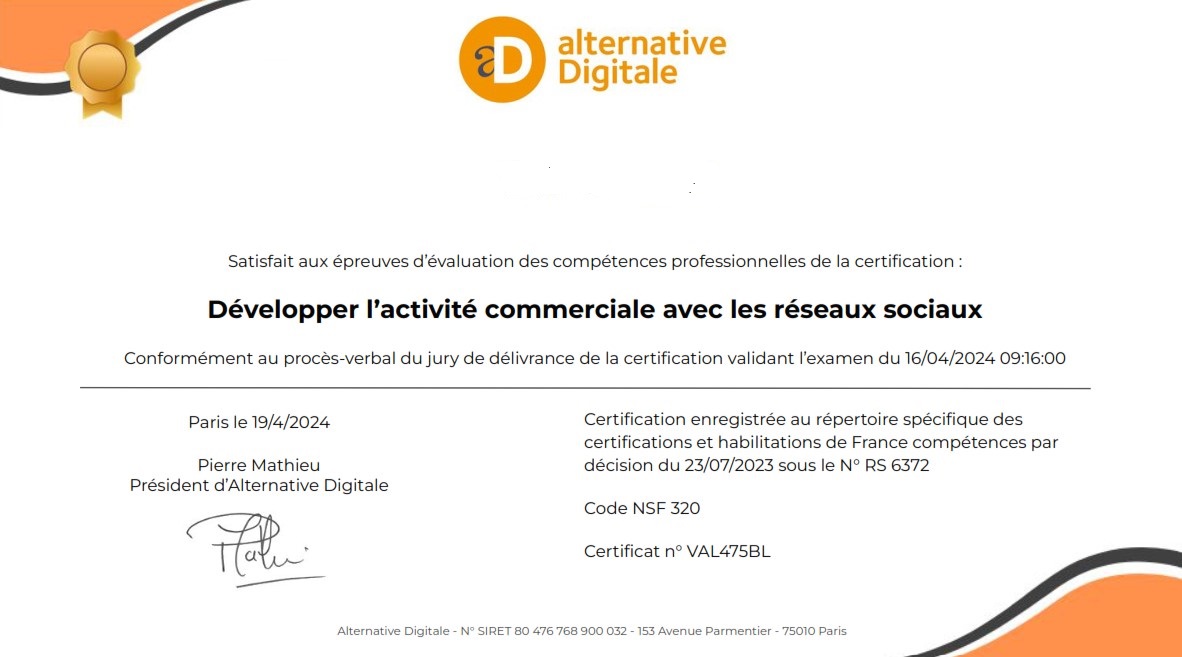 Exemple de certification Alternative Digitale sur les réseaux sociaux