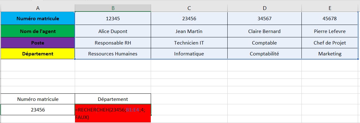 Retrouver le departement dun agent a partir de son numero matricule